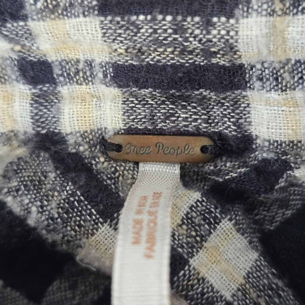 Free People Plaid Button Down Shirt‎ Black Cream Purple XS Long Sleeve Flannel - Picture 5 of 8